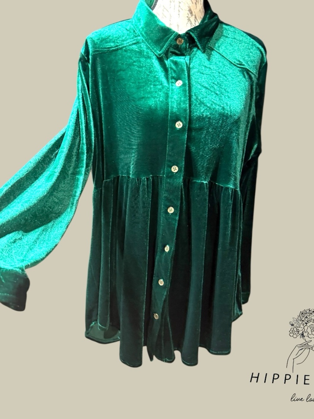Umgee Emerald Green Velvet Button Down Top/ Tunic. Size XL
